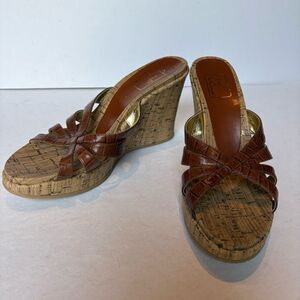 The Touch of Nina Women's Brown Leather Wedge Sandals Slip On Size 9M